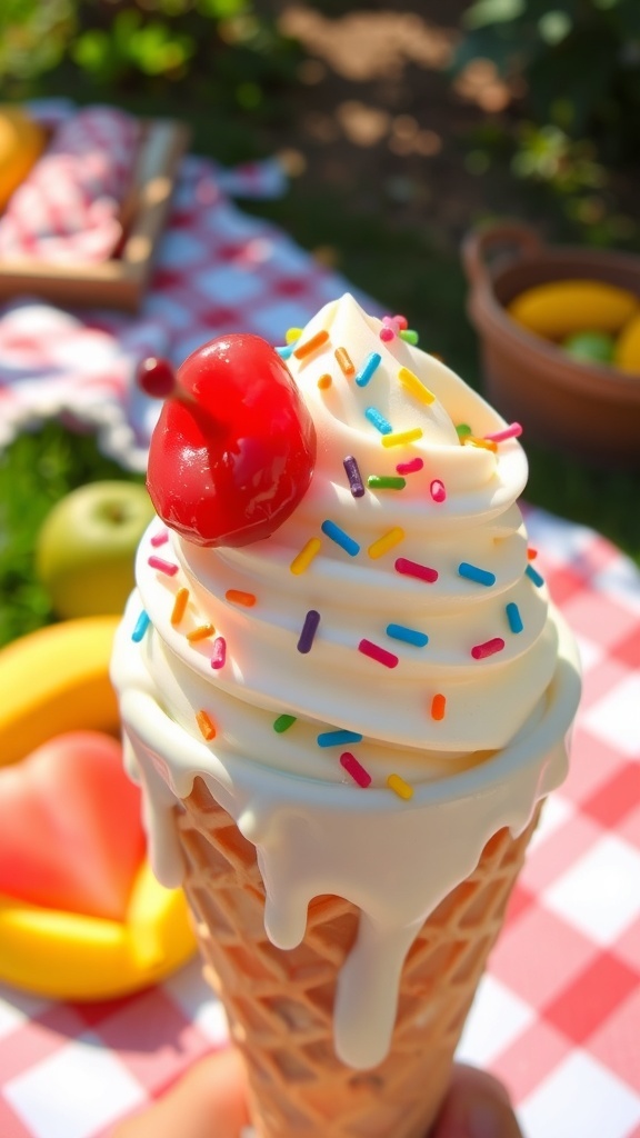 A bowl of vanilla ice cream with sprinkles and a cherry on a picnic blanket.